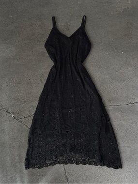 Vintage Black Beaded Crochet Midi Dress